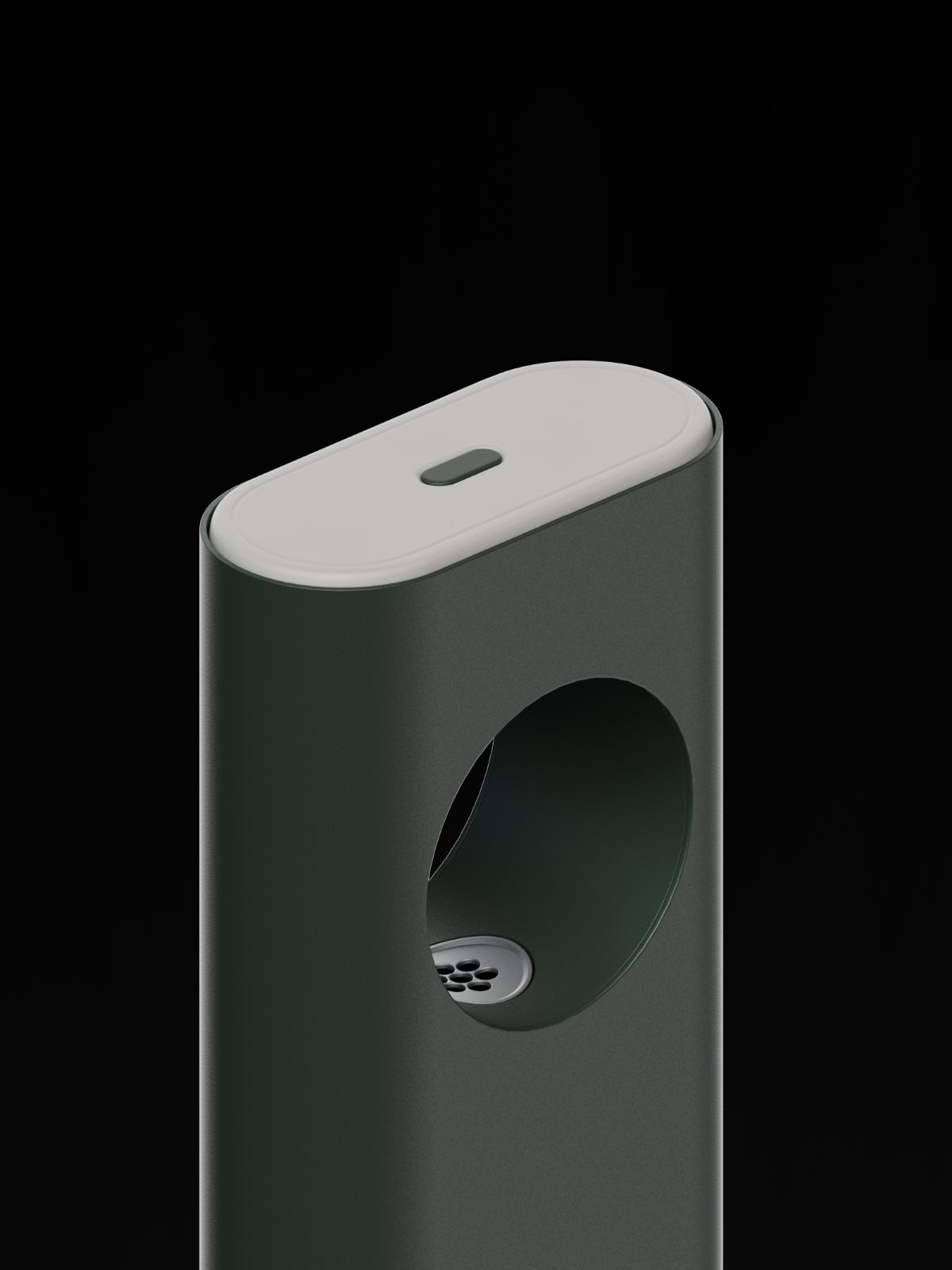 Detail of a dispenser in a deep green finish, showing the ring opening and nozzle