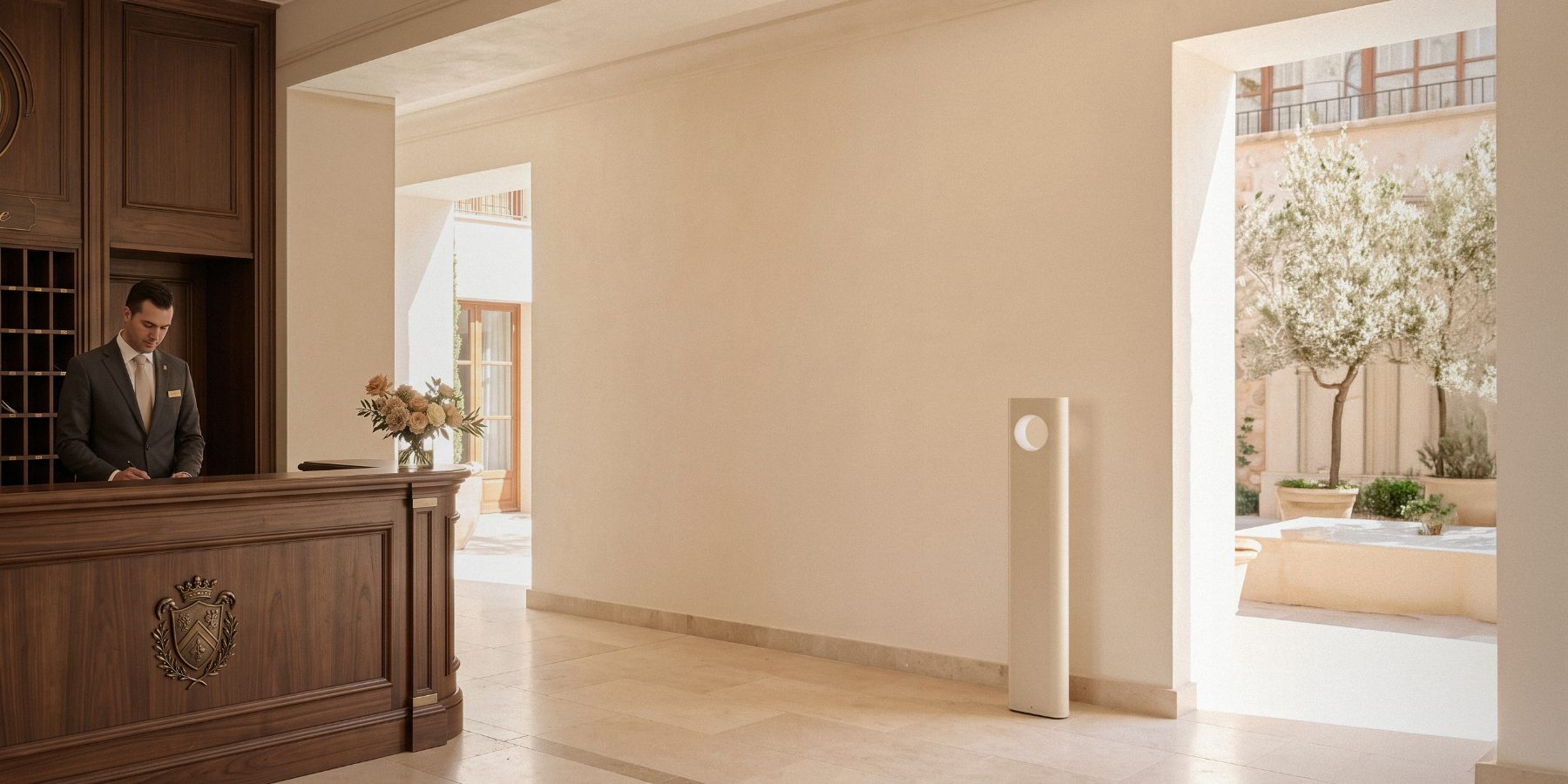 A dispenser standing against a plaster wall in a hotel reception, olive courtyard beyond the doorway
