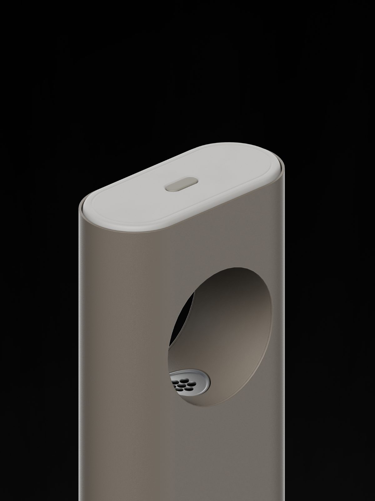 Detail of a dispenser in a warm taupe finish, lid closed, showing the ring opening and nozzle